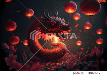 Chinese new year. Dragon on a background of Chinese lanterns created with generative AI technology 100261786