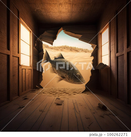 surreal plot. fish in a ruined house in the desert.apocalypse of worlds 100262271