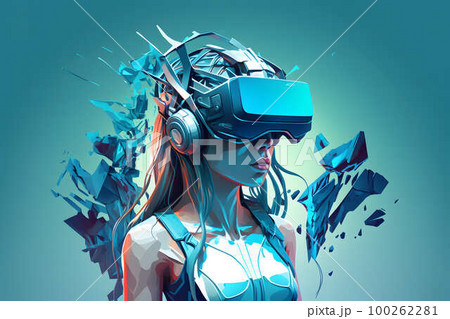Girl in Virtual Reality Helmet created with generative AI technology 100262281