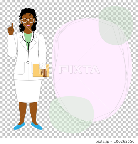 Set of young black female doctor, veterinarian, white background and speech bubble giving advice 100262556