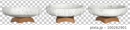 Decorative marble stone bowls on wooden base. Kitchen utensils set. Home decor and accents. Home decorative accessories. Isolated interior object. 3d rendering 100262901