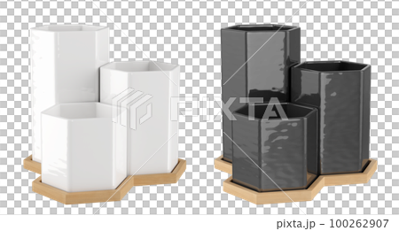 Decorative hexagon white and black table vases set. Home decor and accents. Home decorative accessories. Isolated interior object. 3d rendering Decorative hexagon white and black table vases set. Home decor and accents. Home decorative accessories. Isolated interior object. 3d rendering 100262907