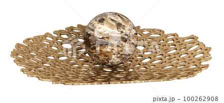 Metal brass decorative bowl or plate and stone ball. Home decor and accents. Home decorative accessories. Isolated interior object. 3d rendering 100262908