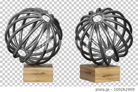 Black steel metal sphere or ball on wooden base. Abstract home decor and accents. Home decorative accessories. Isolated interior object. 3d rendering Black steel metal sphere or ball on wooden base. Abstract home decor and accents. Home decorative accessories. Isolated interior object. 3d rendering 100262909
