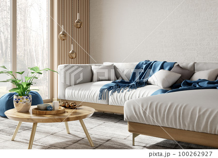 Modern interior design of scandinavian apartment, living room with white corner sofa over the brick wall. Home interior with window. 3d rendering 100262927