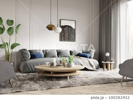 Modern interior design of scandinavian apartment, living room with gray sofa and wooden coffee table. Home interior with window. 3d rendering Modern interior design of scandinavian apartment, living room with gray sofa and wooden coffee table. Home interior with window. 3d rendering 100262932