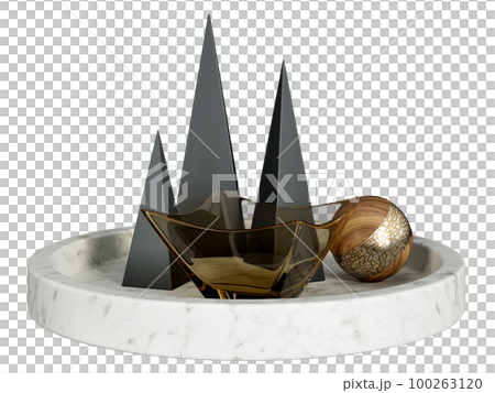 Set of decorative marble tray with black metal pyramids, glass bowl and wooden ball. Home decor and accents. Home decorative accessories. Isolated interior object. 3d rendering Set of decorative marble tray with black metal pyramids, glass bowl and wooden ball. Home decor and accents. Home decorative accessories. Isolated interior object. 3d rendering 100263120
