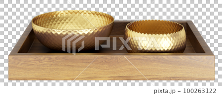 Decorative wooden square tray with golden metal bowls. Home decor and accents. Home decorative accessories. Isolated interior object. 3d rendering 100263122
