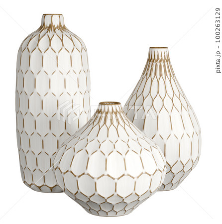 3-piece set of beautifully crafted wooden table or floor vases. Traditional home decor and accents. Home decorative accessories. Isolated interior object. 3d rendering 100263129