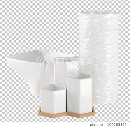 Decorative white table vases and bowl set. Home decor and accents. Home decorative ceramic accessories. Isolated interior object. 3d rendering Decorative white table vases and bowl set. Home decor and accents. Home decorative ceramic accessories. Isolated interior object. 3d rendering 100263133