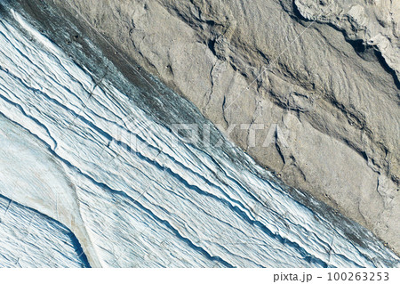View of the moraines. Glacier and rocks. Landscape from the air. River on a moraine. View of the moraines. Glacier and rocks. Landscape from the air. River on a moraine. 100263253