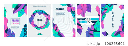 Covers with feathers. Abstract feathered decoration boho flat style, artistic posters with bird wing plumage pattern creative composition. Vector background set Covers with feathers. Abstract feathered decoration boho flat style, artistic posters with bird wing plumage pattern creative composition. Vector background set 100263601