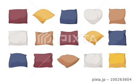 Cartoon pillows. Cozy feather cushions different shapes for bedtime relax, home interior decorative textile bedroom living room decoration. Vector flat set 100263604