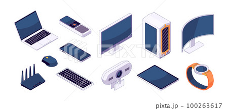 Isometric gadget set. Wireless smart devices laptop Wi-Fi router web camera smart watches mouse keyboard phone and tablet. Vector isolated set 100263617