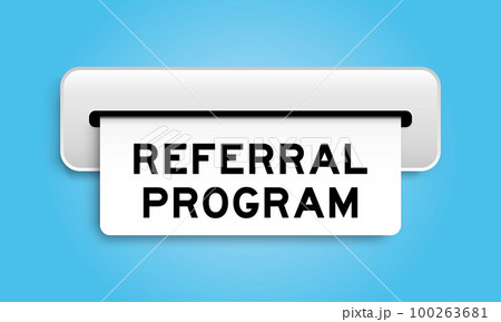 White coupon banner with word referral program from machine on blue color background 100263681