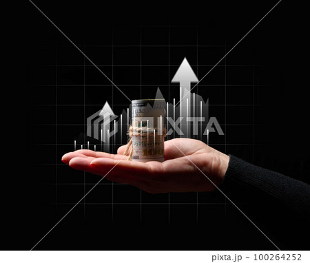 Holographic graph with growing indicators and a woman's hand. Business growth concept, profitable startup 100264252
