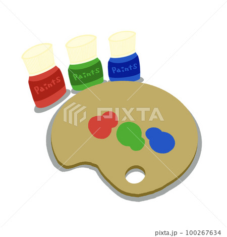 アクリル絵の具とパレットのイラスト【RGBWカラー（赤・緑・青