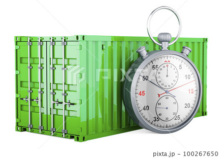 Green cargo container shipping freight with stopwatch, 3D rendering Green cargo container shipping freight with stopwatch, 3D rendering 100267650
