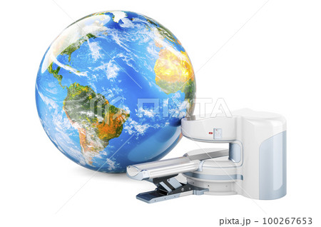 Open MRI Machine with Earth Globe, 3D rendering Open MRI Machine with Earth Globe, 3D rendering 100267653