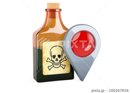 Poison bottle with map pointer. 3D rendering Poison bottle with map pointer. 3D rendering 100267656