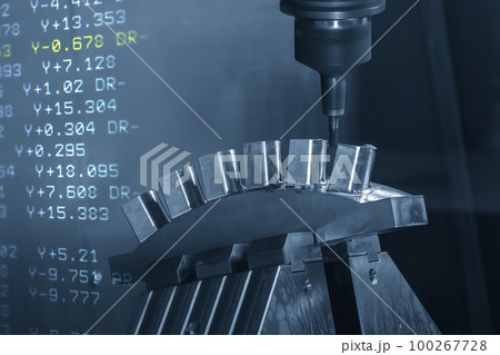 Abstract scene the 5-axis machining center cutting the water turbine blade part and G-code data background. 100267728