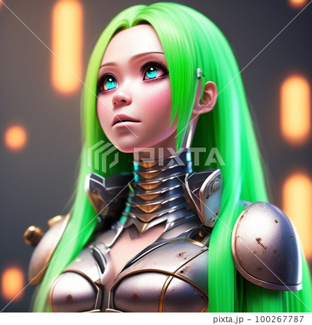 緑色の髪のかわいい少女姿のロボット 緑色の髪のかわいい少女姿のロボット 100267787