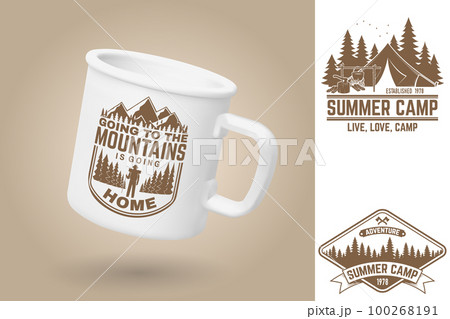 White camping cup. Realistic mug mockup template with sample design. Vector 3d illustration. Going to the mountains is going home. Quotes about camping with mountains, hiker, backpack, tent and forest 100268191