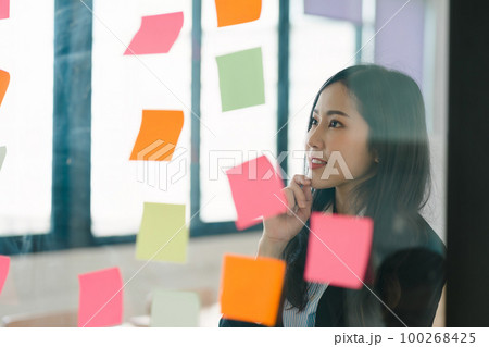 A businesswoman uses Post-it notes to share ideas, showcasing the concept of brainstorming. The sticky notes are placed on a glass wall. 100268425