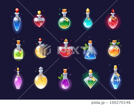 Magic game bottles. Chemistry potion. Alchemy jar or vial. Poison antidote elixir with cork for wizards laboratory. Liquid substance in glass flasks. Luck and love magical drink. Vector tidy icons set 100270146