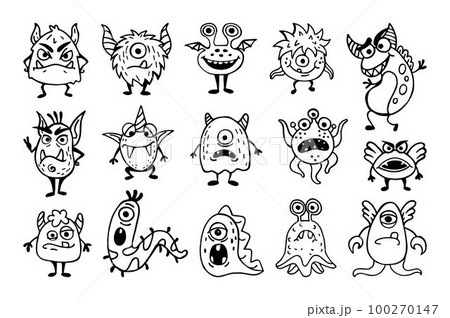 Cute doodle monsters, animal childish drawing. Happy kids alien funny art, fun children toys, smile mascots, spooky fantasy characters. Baby nursery design elements, vector tidy cartoon icons set 100270147