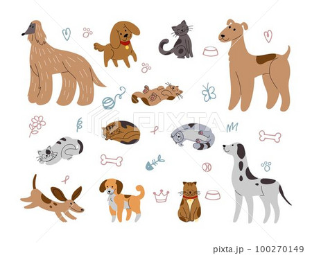 Puppy or kitten portraits. Cute dog and cat. Domestic animals. Funny pets sketch. Different adorable doodle characters. Meow baby. Canine breeds. Sleeping kitties. Vector tidy illustration background 100270149