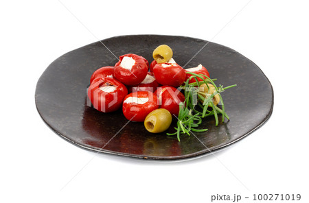 Small Peppers Stuffed with Cheese, Cherry Pepper Filled Feta, Cream Cheese, Vegetable Antipasti 100271019
