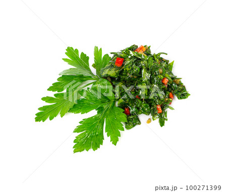 Chimichurri Sauce Isolated, Argentinian Steak Dip, Green Chimichuri with Herbs, Chopped Parsley, Garlic, Olive Oil 100271399