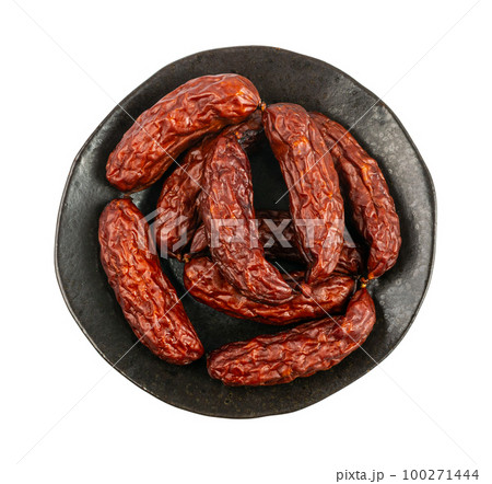 Dry Smoked Sausages Isolated, Salami Sticks, Kielbasa, Cabanossi, Kabanos, Dry Embutido, Chorizo, Bratwurst Dry Smoked Sausages Isolated, Salami Sticks, Kielbasa, Cabanossi, Kabanos, Dry Embutido, Chorizo, Bratwurst 100271444