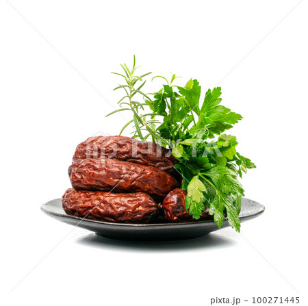 Dry Smoked Sausages Isolated, Salami Sticks, Kielbasa, Cabanossi, Kabanos, Dry Embutido, Chorizo, Bratwurst 100271445