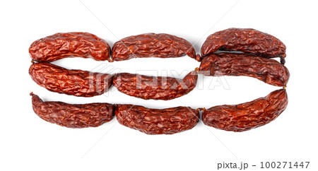 Dry Smoked Sausages Isolated, Salami Sticks, Kielbasa, Cabanossi, Kabanos, Dry Embutido, Chorizo, Bratwurst Dry Smoked Sausages Isolated, Salami Sticks, Kielbasa, Cabanossi, Kabanos, Dry Embutido, Chorizo, Bratwurst 100271447