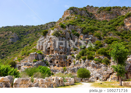 View of the ancient Lycian rock tombs in the city of Myra 100271716