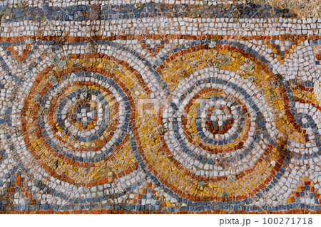 Remains of artful mosaics decorating floors of houses in Ephesus, Turkey 100271718