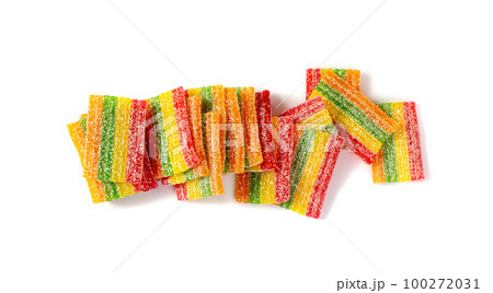 Rainbow Gummy Candy Pile Isolated, Sour Jelly Candies Strips in Sugar Sprinkle, Colorful Striped Marmalade Rainbow Gummy Candy Pile Isolated, Sour Jelly Candies Strips in Sugar Sprinkle, Colorful Striped Marmalade 100272031