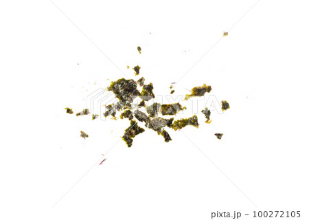 Nori Pieces Isolated, Dried Aonori Seaweed Flakes, Dry Sea Weed Torn Sheet, Seaweed Crumbles, Nori Pieces on White 100272105