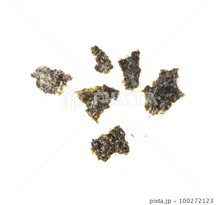 Nori Pieces Isolated, Dried Aonori Seaweed Flakes, Dry Sea Weed Torn Sheet, Seaweed Crumbles, Nori Pieces on White Nori Pieces Isolated, Dried Aonori Seaweed Flakes, Dry Sea Weed Torn Sheet, Seaweed Crumbles, Nori Pieces on White 100272123