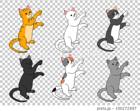 六隻小貓舉起一隻手去抓東西，做出可愛的手勢 100272897