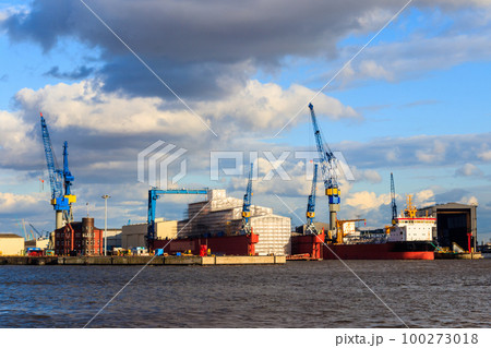 Port of Hamburg with loading cranes on the river Elbe in Hamburg, Germany Port of Hamburg with loading cranes on the river Elbe in Hamburg, Germany 100273018