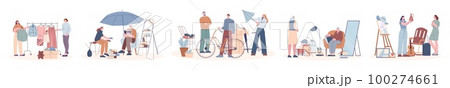 Flea market, retail designer bazaar scenes. Garage sale, people selling good used item, books and furniture, stylish clothes. Second hand kicky vector concept 100274661