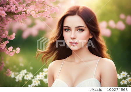 Portrait of a beautiful young woman with green eyes and dark long hair, with flowers against the backdrop of a flowering meadow at spring, cinematic, photorealism. AI generated. 100274668