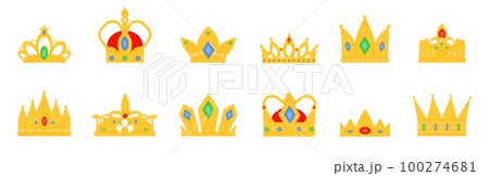 Royal gold crowns icons. Coronation crown, kids and adult kings decoration. Queen tiara, victory symbols set. Decent flat princess vector logo Royal gold crowns icons. Coronation crown, kids and adult kings decoration. Queen tiara, victory symbols set. Decent flat princess vector logo 100274681
