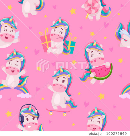 Unicorns pattern. Seamless background with funny cute fairytale animals playing exact vector seamless template Unicorns pattern. Seamless background with funny cute fairytale animals playing exact vector seamless template 100275649