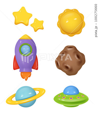 Clay rocket. Plasticine space elements rocket sattelite telescope realistic render collection decent vector template 100275660
