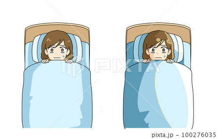 睡眠不足で眠れない夜を過ごし、朝を迎える女性の俯瞰イラスト 100276035