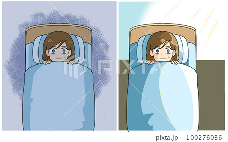 睡眠不足で眠れない夜を過ごし、朝を迎える女性の俯瞰イラスト 100276036